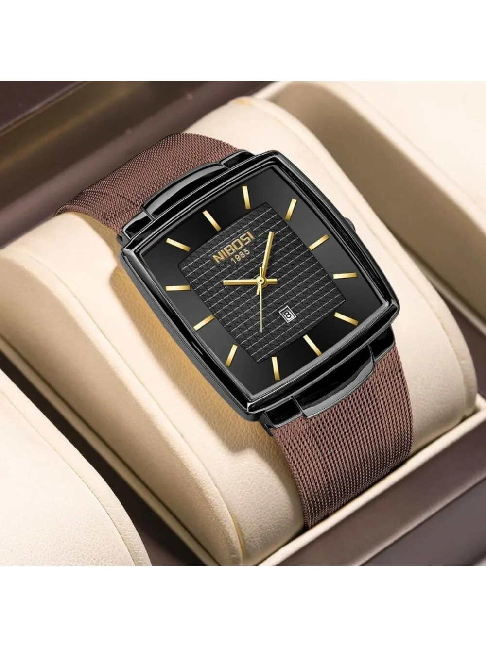 Nibosi Men's Brown Black Square Analog Mash Quartz Hook Buckle Waterproof Watch